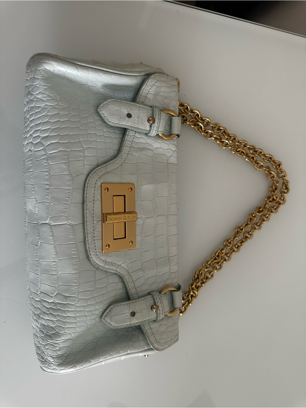 Lauren Ralph Lauren Light Blue Croc-Embossed Clutch with Gold Hardware